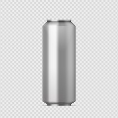 Metal tin can. Realistic drink packaging. 3D silver container for carbonated and alcohol beverages. Isolated blank beer pack on transparent background. Vector aluminum cylindrical bottle for branding