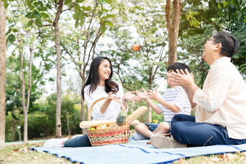 Happy Asian family have come picnic in park together for summer holidays. Boy enjoy travel with their mother and grandma in the park Beautiful nature. Concept Health care insurance