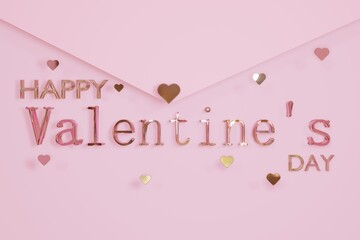 Happy valentine's day Glass Text and heart shape on pink letter envelope background 3D rendering