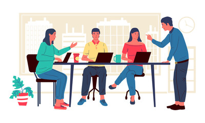 Freelancers at coworking. Cartoon young people in office. Cute men and women working together with laptops. Teamwork on project or brainstorming. Modern workspace interior, vector flat illustration
