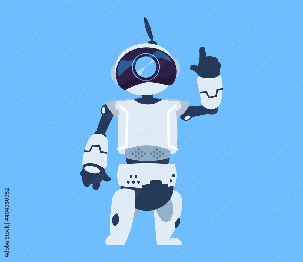 Poster cartoon android. cute robot waving hand. futuristic white automatic robotic toy or cyber bot of arti