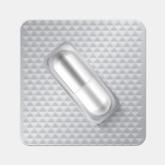 Capsule in blister. Realistic 3D drugs. Isolated oval pill in individually packaging. Textured silver wrapper for medicines and vitamins. Pharmacological medical product, vector mockup for branding