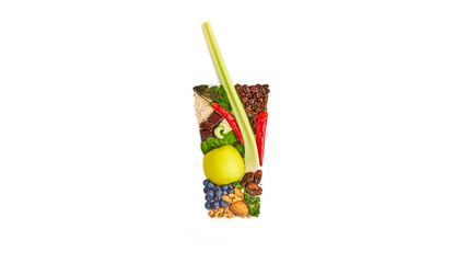 Sirtfood diet concept.  Glass shape filled with sirtfood diet products. Celery, coffee, parsley, groats, chocolate, blueberries, nuts, dates, pepper, spinach, apple. White background. Top view.