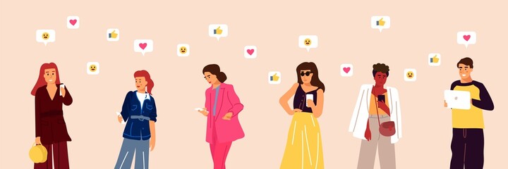 People using phone. Vector man and woman chatting and texting online, exchanging messages with emoticons on smartphones and digital tablets, social media communication cartoon horizontal concept