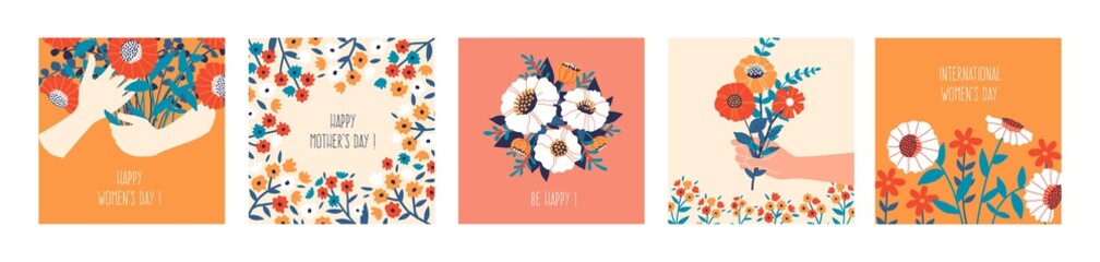 Floral banners. Cartoon square posters with cute blooming bouquets and hands holding flowers. Colorful greeting cards and decorative plant elements. Congratulations on women's day. Vector flat set