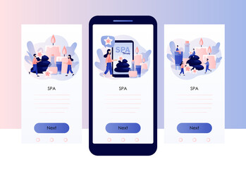 Spa therapy concept. Tiny people relaxing. Beauty procedure, wellness treatment and body care. Screen template for mobile smart phone. Modern flat cartoon style. Vector illustration