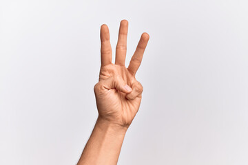 Hand of caucasian young man showing fingers over isolated white background counting number 3 showing three fingers