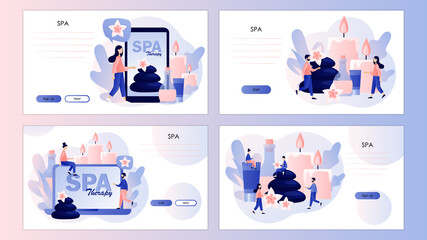 Spa therapy concept. Tiny people relaxing. Beauty procedure and body care. Screen template for mobile smart phone, landing page, template, ui, web, mobile app, poster, banner, flyer. Vector 