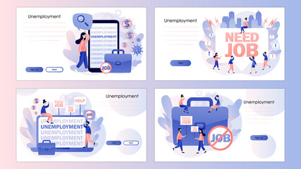 Fototapeta na wymiar Unemployment social problem concept. Tiny people unemployed looking for job. Screen template for mobile smart phone, landing page, template, ui, web, mobile app, poster, banner, flyer. Vector 