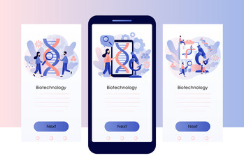 Naklejka na ściany i meble Biotechnology concept. Innovation, science, laboratory research, genetic testing, chemical, GMO, bioengineering and organism.Screen template for mobile smart phone. Modern flat cartoon style. Vector