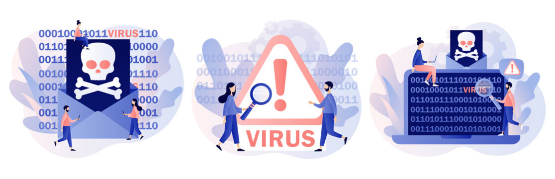 Computer virus concept. Hacker attack and web security. Scam alert. Spam, malicious application. Envelope with skull. Modern flat cartoon style. Vector illustration on white background