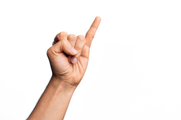 Hand of caucasian young man showing fingers over isolated white background showing little finger as...