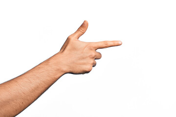 Hand of caucasian young man showing fingers over isolated white background pointing with index finger to the side, suggesting and selecting a choice