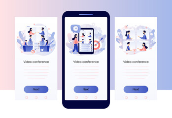 Online conference concept. Online meeting. Tiny people speak in video conference. Remote work during coronavirus quarantine.  Screen template for mobile smart phone. Modern flat cartoon style. Vector