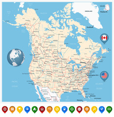 USA and Canada large road map with map pointers