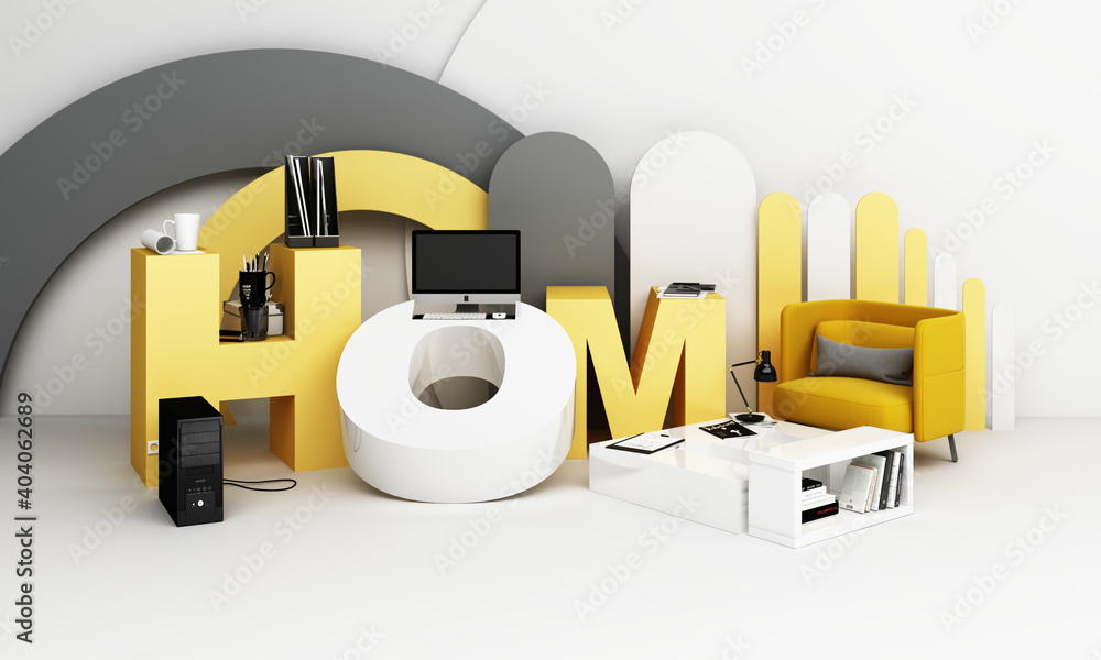 Poster working equipment and computor it is surrounded on the letters wokr form home in yellow tones. 3d re
