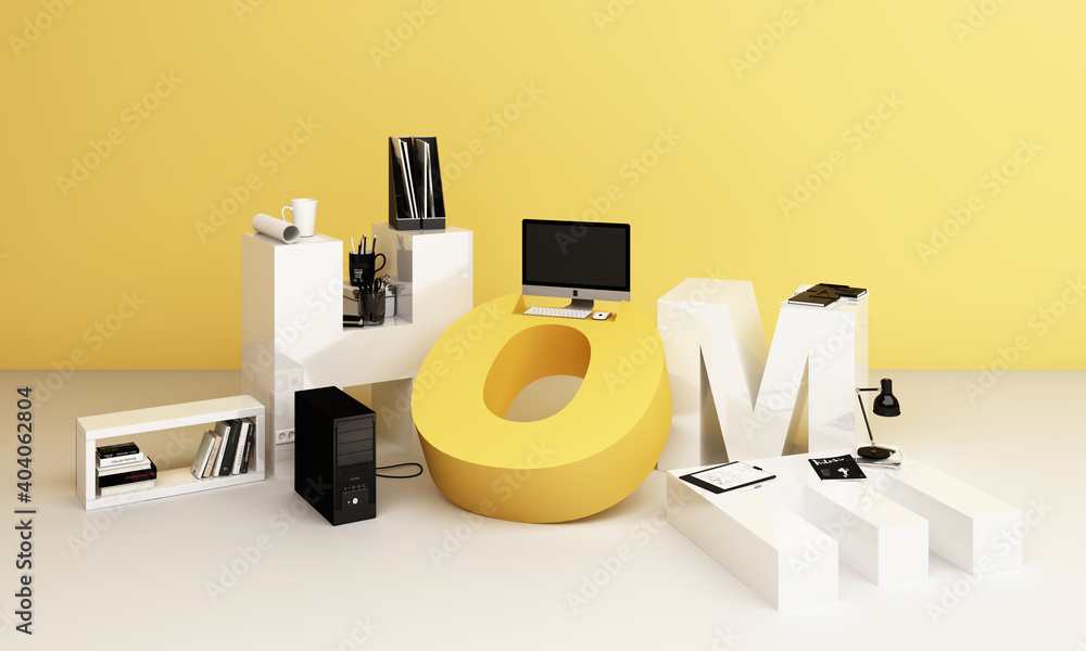Poster working equipment and computor it is surrounded on the letters wokr form home in yellow tones. 3d re