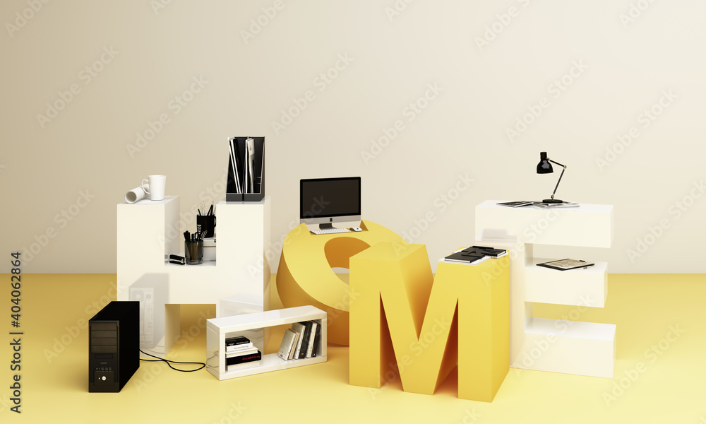Poster working equipment and computor it is surrounded on the letters wokr form home in yellow tones. 3d re