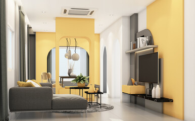 Living room with gray furniture and geometric form decorate built-in yellow colour 3d rendering