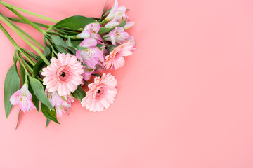 Layout of pink gerberas on pink background with copy space