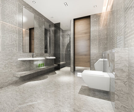 3d rendering classic modern bathroom with luxury tile decor