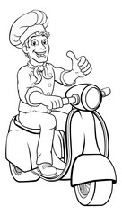 A chef moped scooter food delivery man cartoon character giving a thumbs up
