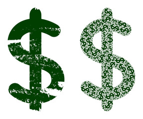 Vector dollar sign fractal is formed of repeating fractal dollar sign elements. Scratched dollar sign icon. Fractal composition of dollar sign.