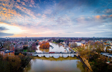 Aerial view of Richmond bridge at sunset time, London