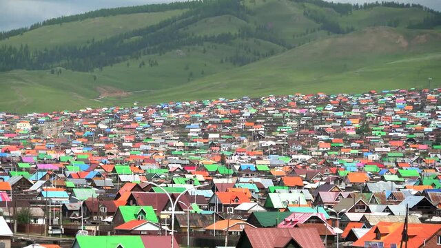 City landscape of colorful houses in Mongolia. Roof house cities town settlement street planned centrum Ulaanbaatar Erdenet Darkhan Choibalsan Moron Nalaikh Bayankhongor Olgii Khovd