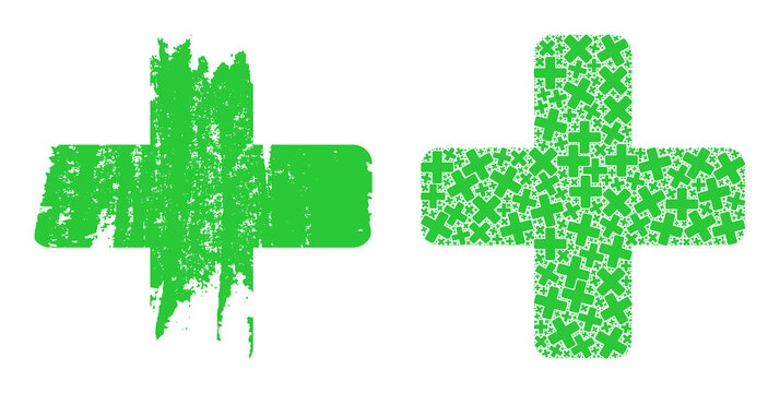 Vector green cross collage is designed of randomized recursive green cross parts. Distress green cross icon. Recursive mosaic of green cross.