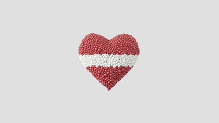 Latvia National Day. November 18. Heart shape made out of shiny sphere on white background. 3D rendering.