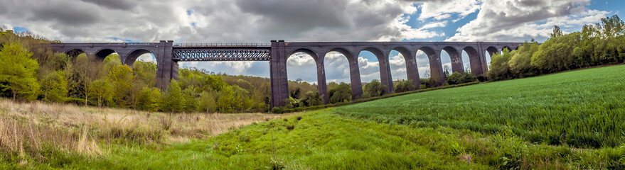 A panorama view of the Conisbrough Viaduct at Conisbrough, Yorkshire, UK in springtime