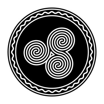 Three connected Celtic double spirals within a circle frame. Triple spiral, formed by three interlocked Archimedean spirals. Symbol and motif. Black and white, isolated illustration over white. Vector