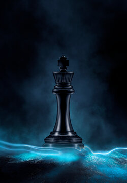 Chess king, figure, close-up. Abstract dark street background, smoke, smog. Night view. 3D illustration.