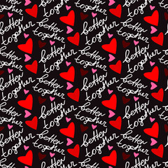 valentine's hearts seamless pattern, 14 February print, love you, better together, lettering