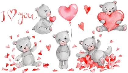 Fotobehang Set with cute grey teddy bears, red hearts, balloon, letters "i love you"  watercolor hand drawn illustration  can be used for postcards  with white isolated background © Нина Новикова