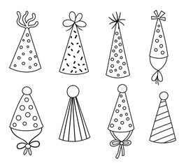Vector black and white cute set of birthday hats. Funny outline b-day accessory for card, poster, print design. Holiday illustration for kids. Pack with cheerful celebration line icons.