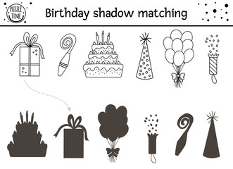 Birthday black and white shadow matching activity for children. Fun outline puzzle with party objects. Celebration educational line game for kids with holiday symbols. Find the correct silhouette.