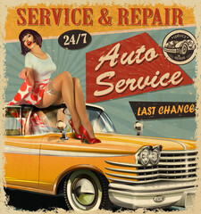 Vintage Auto Service retro poster with retro car and pin-up girl.