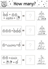 Birthday black and white counting game with traditional desserts. Holiday outline activity for preschool children with cakes, cupcakes. Educational line celebration printable math worksheet for kids.