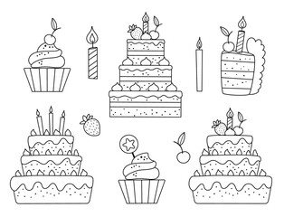 Vector black and white set with birthday cakes, candles and cupcakes. Cute outline meal or candy bar elements. Funny dessert illustration for card, poster, print design. Holiday line icons. .