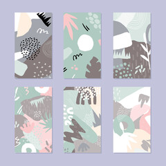 Fototapeta na wymiar Set of abstract story backgrounds. Hand drawn natural pattern in trendy style. Vector illustration.