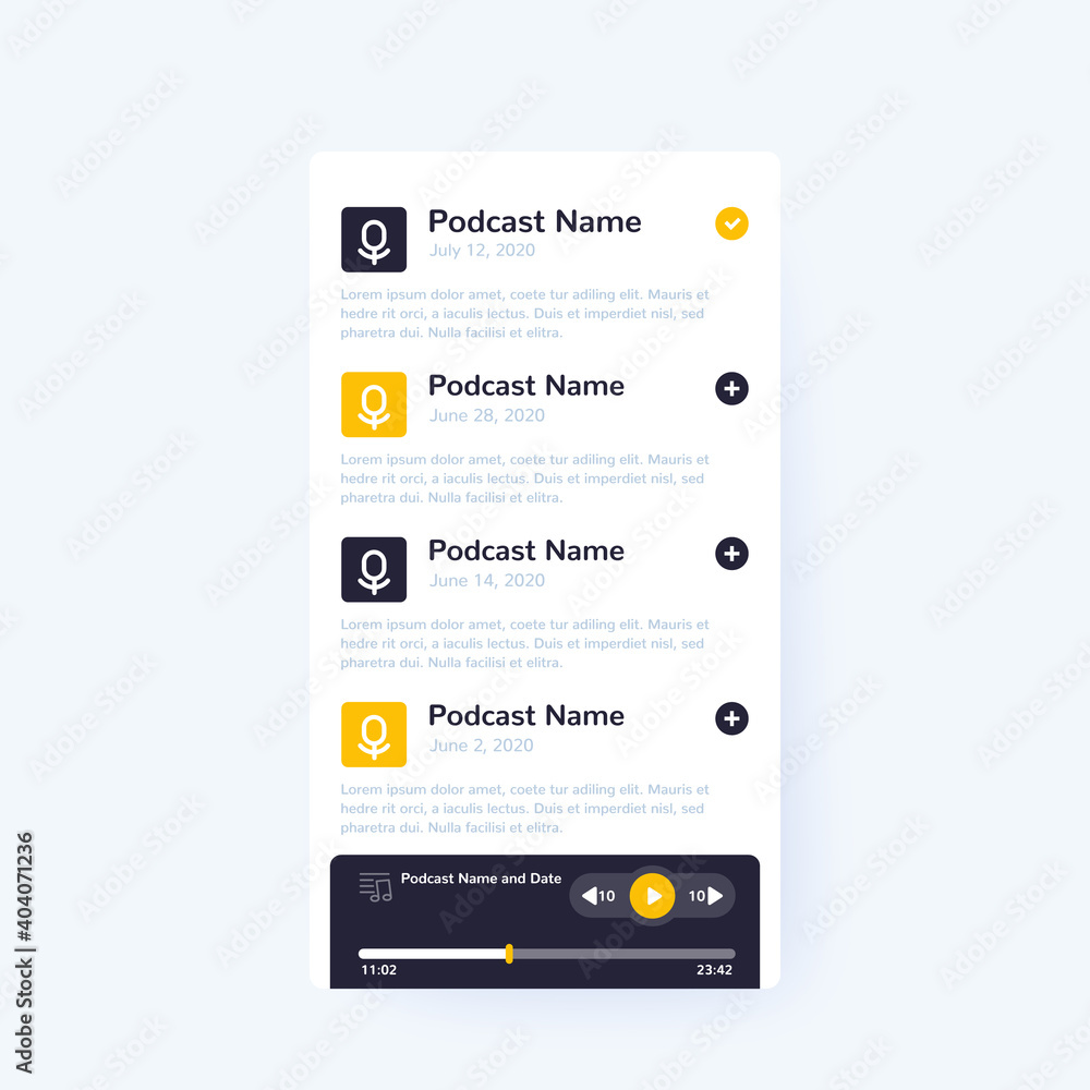 Poster podcast app and player, mobile ui design, vector interface