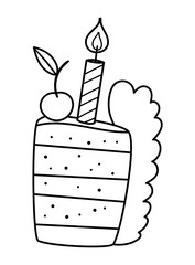Vector cute black and white birthday cake slice with candle and cherry on top. Funny b-day dessert for card, print design. Outline holiday illustration for kids. Cheerful celebration line icon..