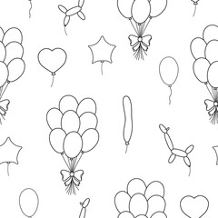 Vector black and white seamless pattern with cute balloons. Funny repeating background with birthday presents. Line holiday digital paper for kids. Cheerful celebration outline texture..