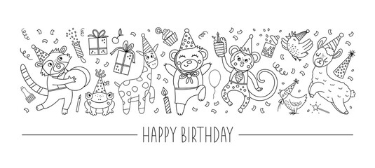 Vector black and white horizontal set with Birthday characters and elements. Card template design with cupid, funny animals, present, cake, confetti. Cute holiday line party border.