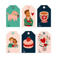 Valentine's day cute gift tags and labels set. Childish print. Vector Illustration