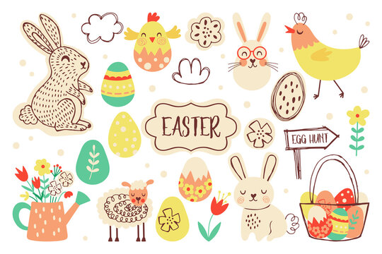 Easter holiday cute element set. Childish print for cards, stickers, banner and decoration