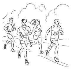 Vector isolated doodle illustration of running athletes, runners. Marathon, competition, speed running, distance running. Sports for health.