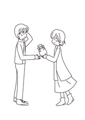 プレゼントを贈る女性と照れる男性・線画